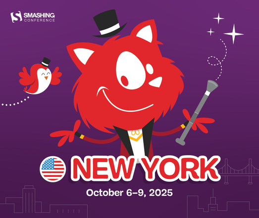 The Smashing Cat looking fancy in a tux with the text "Smashing Conference, New York, October 6-9, 2025"