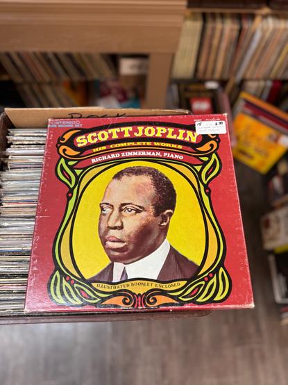 5-LP boxed set titled "Scott Joplin - his complete works" by Richard Zimmerman. Cover art is an illustration of Joplin with art nouveau flourishes with very 1974 colors and typography