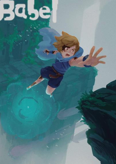 A young adventurer, with a torn outfit and determined expression, leaps from a cliff over a glowing blue spiral in a lush, mystical landscape.