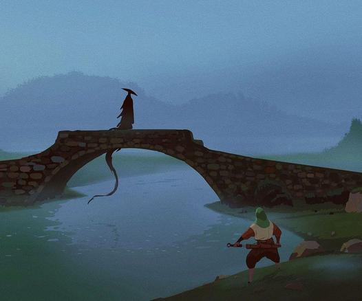 A mysterious figure in a cloak stands on an arching stone bridge, gazing at a warrior with a weapon by a misty riverbank.