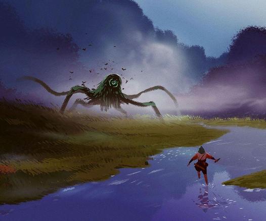 A lone figure in red runs through a misty landscape towards a giant, tentacled creature looming in the background.