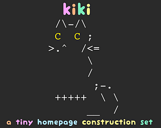 An ascii illustration of a tiny black cat with yellow eyes. it reads: kiki - a tiny homepage construction set.