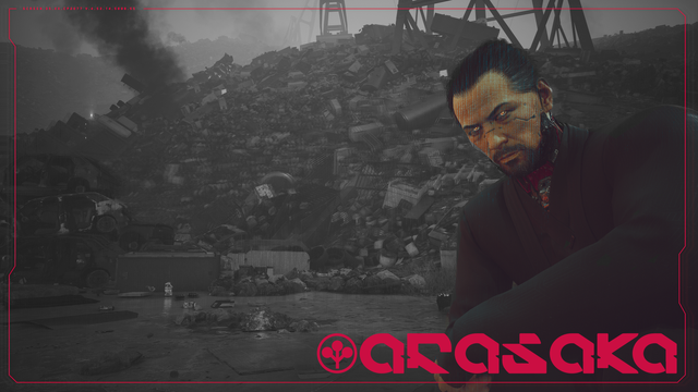 Cyberpunk 2077 in-game photo showing the first encounter with Goro Takemura as he questions V about their involvement in the death of his boss. He is crouching, and in the background is the Badlands, at least the garbage landfill section. This image also has the Arasaka logo in the bottom-right corner.