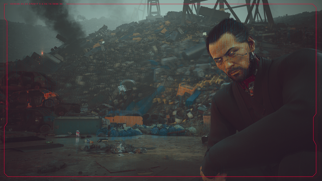 Cyberpunk 2077 in-game photo showing the first encounter with Goro Takemura as he questions V about their involvement in the death of his boss. He is crouching, and in the background is the Badlands, at least the garbage landfill section.