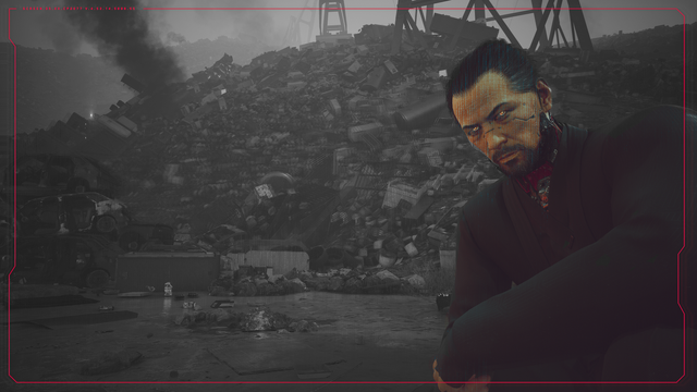 Cyberpunk 2077 in-game photo showing the first encounter with Goro Takemura as he questions V about their involvement in the death of his boss. He is crouching, and in the background is the Badlands, at least the garbage landfill section.