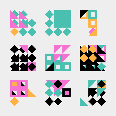 A 3x3 grid of colorful abstract mini squares composed of geometric shapes like triangles, diamonds, and squares in teal, pink, orange, and black, arranged in varied layered and rotated patterns.