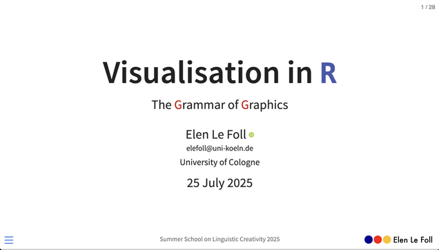 Title slide created in Quarto that reads: 
Visualisation in R

The Grammar of Graphics
Elen Le Foll
elefoll@uni-koeln.de
University of Cologne
25 July 2025

Summer School on Linguistic Creativity 2025