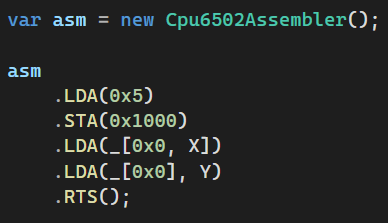 C# code showing an assembler for MOS 6502 written in C#