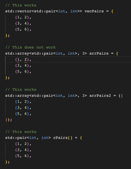 Screenshot of a Godbolt page, showing that initializing a C++ array works differently from initializing a C array or a C++ vector
