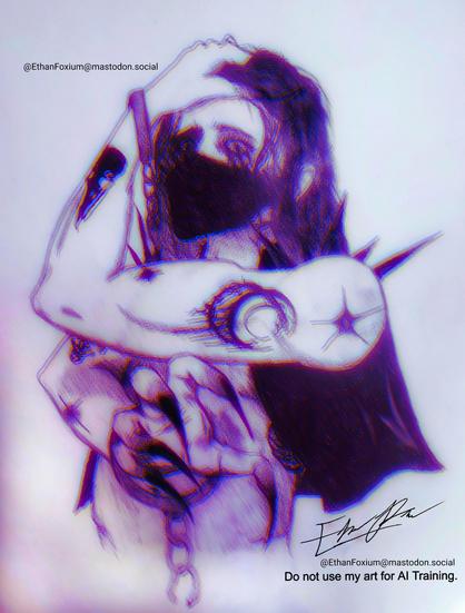 A digitally edited graphite illustration with red and blue chromatic aberration. It portrays a man wearing only a sleeveless leather vest strikes a pose. His right hand is reaching around his body to grab you, while his left is running through his scalp hair. The pose is very contorted, yet somewhat stretched out. The hands have long black fingernails that look like claws, and the tips of the fingers themselves appear blacker at the tips. His wrists are shackled, but the chains are broken. He wears a tight face mask, and all you can see of his face are eyes that read of anguish and the bridge of his nose. He wears eye makeup and looks angsty. His hair is shoulder length. His arms have tattoos all over them, including a crescent design, multiple stars, skeletal koi, and a raven skull.