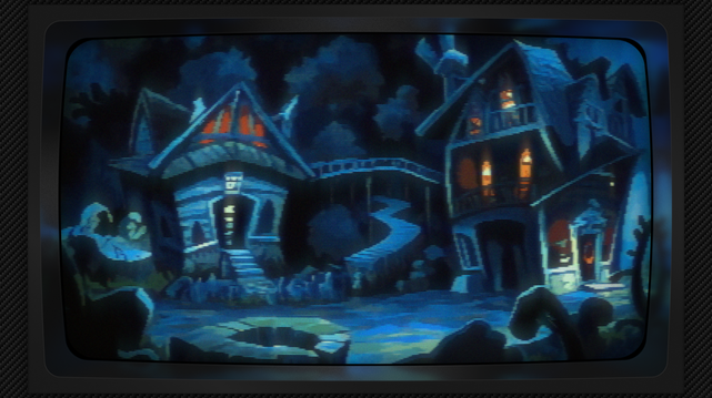 Pixel art of three houses, gothic spines rising from a landscape sculpted by ancient sorrow, their dark wood a tapestry woven with the threads of forgotten years. Azure shadows pool within the rocky embrace of the earth, a silent ocean lapping at the foundations of stone and timber. A graveyard, a scattering of bone-white teeth, grins from the foreground, its tilted headstones whispering secrets to the moss that clings like a lover's regret. Skeletal branches, the petrified fingers of a long-dead hand, claw at the indigo sky. Warm light, a hesitant bloom, spills from windows like captured fireflies, illuminating pathways of weathered wood that connect these dwellings in a fragile chain. Each house is a puzzle box of angles and decay, their roofs a chaotic crown of gables and dormers, while the forest behind breathes a darkness so complete it swallows the horizon, a velvet curtain drawn across the world's edge. The image has a CRT filter applied.