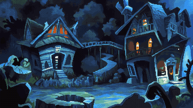 Pixel art of three houses, gothic spines rising from a landscape sculpted by ancient sorrow, their dark wood a tapestry woven with the threads of forgotten years. Azure shadows pool within the rocky embrace of the earth, a silent ocean lapping at the foundations of stone and timber. A graveyard, a scattering of bone-white teeth, grins from the foreground, its tilted headstones whispering secrets to the moss that clings like a lover's regret. Skeletal branches, the petrified fingers of a long-dead hand, claw at the indigo sky. Warm light, a hesitant bloom, spills from windows like captured fireflies, illuminating pathways of weathered wood that connect these dwellings in a fragile chain. Each house is a puzzle box of angles and decay, their roofs a chaotic crown of gables and dormers, while the forest behind breathes a darkness so complete it swallows the horizon, a velvet curtain drawn across the world's edge.