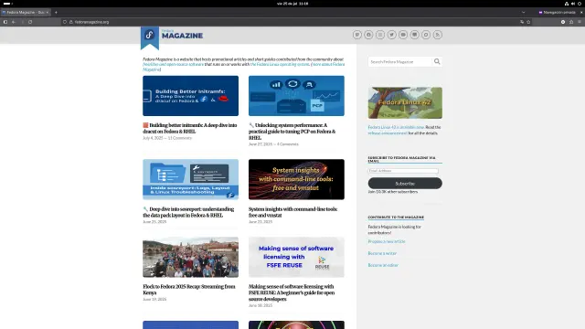 Index o portada del sitio web Fedora Magazine, blog centrado a cubrir de manera ligera la actualidad y algunos tutoriales técnicos relacionados con los sistemas operativos del proyecto Fedora, distribución de Linux.