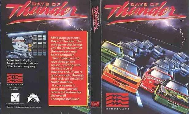 Days of Thunder tape cover art for 8-bit platforms, might be 16-bit too. Has the Days of Thunder logo and a range of sports racing cars at a tilted angle coming round the track.