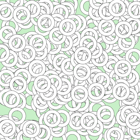 # 300 random white rings (circles with holes) on a light green background
# py5 imported mode sketch <py5coding.org>

import shapely

def setup():
    size(800, 800)
    background(200, 240, 200)
    for _ in range(300):
        x, y = random(width), random(height)
        ca = shapely.Point(x, y).buffer(50)
        cb = ca.buffer(-20)
        cc = ca - cb
        fill(255)
        shape(cc)
    save('out.png')