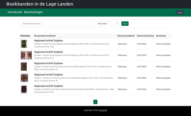 Screenshot van de menu optie: "Beschrijvingen" van de nieuwe website: Boekbanden in de Lage Landen, met een aanduiding van vijf al geregistreerde boekbbandbeschrijvingen uit het Regionaal Archief Zutphen.
