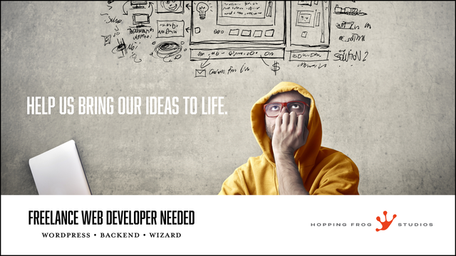 Technical drawing overtop a guy at a laptop. 

HELP US BRING OUR IDEAS TO LIFE.

FREELANCE WEB DEVELOPER NEEDED
WORDPRESS • BACKEND • WIZARD

HOPPING FROG STUDIOS