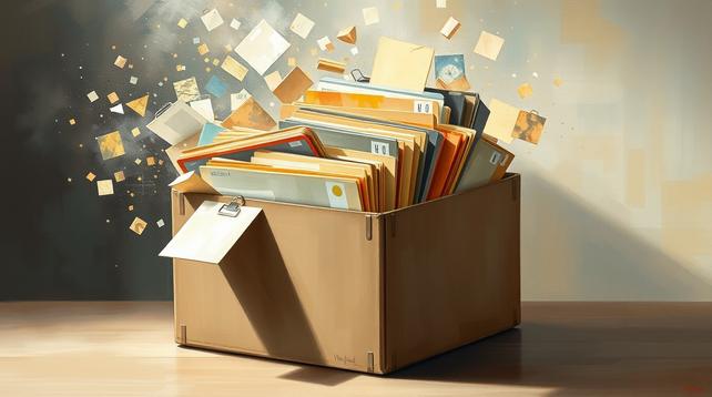 A box of office files transforms into bright digital fragments