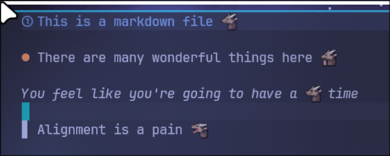 Screenshot of a markdown file opened in neovim, showing Volpeon emojis.

File contents:
This is a markdown file (emoji of an uwuing dragon)
There are many wonderful things here (emoji of a dragon going aww)
You feel like you're going to have a (emoji of a dragon) time
Alignment is a pain (image of a screaming dragon)