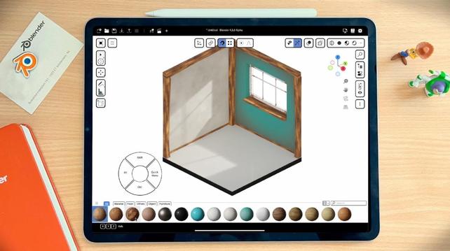 Ansicht von Blender auf einem iPad Pro mit einem angehefteten Apple Pencil. Das iPad liegt auf einer hellen Holzoberfläche. Foto: (c) Blender.