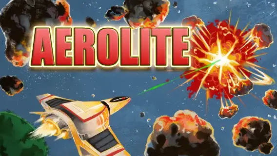 Retro style cover art for the game Aerolite. A ship blowing up asteroids.