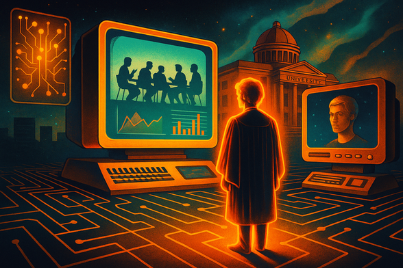 A glowing academic figure stands before large retro-futuristic screens showing graphs and faces, set in a cosmic university landscape with digital circuit floor.