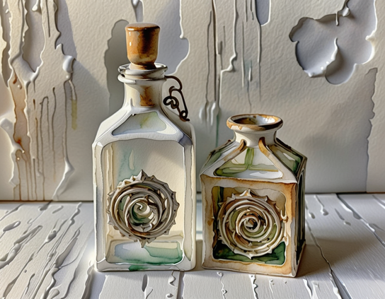 Two intricately designed apothecary bottles, ceramic and glass, with spiral  embossed designs where labels would be, on a rustic white-painted plank surface against a similar backdrop.