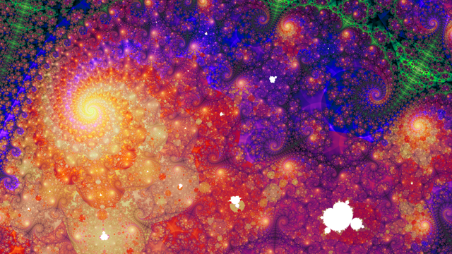Fractal art: Warm colors, vortex-like spirals.