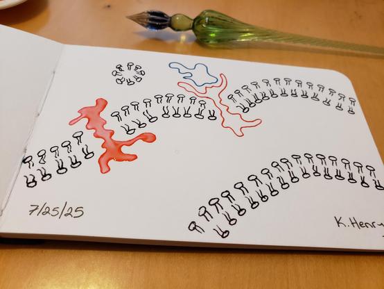 Hand drawing generative/procedural art in ink on an open page of my sketchbook. The abstract pattern looks like it might be in a Cell Biology diagram. My glass dipping pen is next to my sketchbook.
