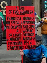 Man holding a sign that reads: 

A TALE OF TWO ALBANESES
FRANCESCA ALBANESE
UN SPECIAL RAPPORTEUR ON OCCUPIED PALESTINE
A WOMAN OF GREAT COURAGE
AND ANTHONY ALBANESE AUSTRALIAN P.M. AND
GROVELLING COWARD
