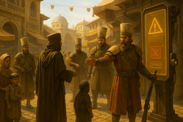 A janissary in Errata sets up a checkpoint to harass citizens in one of the Plateau cities.
