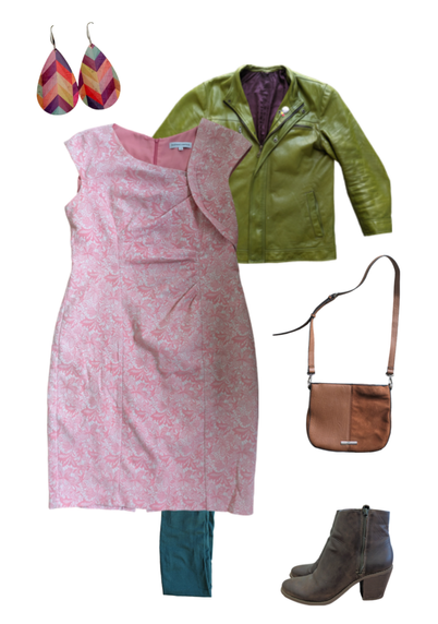 Flat lay of a femme outfit featuring a pink brocade dress layered over green tights, with a lime green leather jacket and brown ankle boots. Accessories include colorful teardrop earrings and a brown crossbody bag.