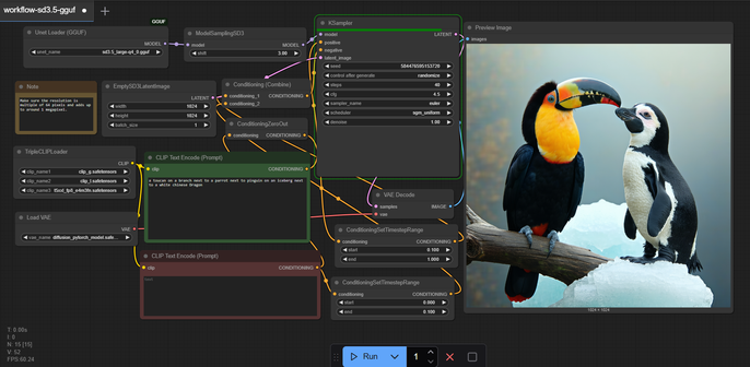 A screenshot of ComfyUI sofware showing the inner designs and the produce : a toucan and a penguin.