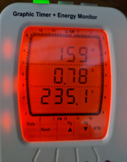 A screenshot of a watt meter showing the total power consumption (including other computer components) in use, ie 159W
