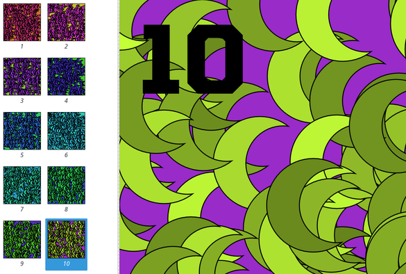 A screenshot showing thumbnails of a 10 page PDF document and a detail of page 10 with the number 10 big on the corner and lots of yellowish crescent shapes scattered on a purple background. The page thumbnails all show different colors.