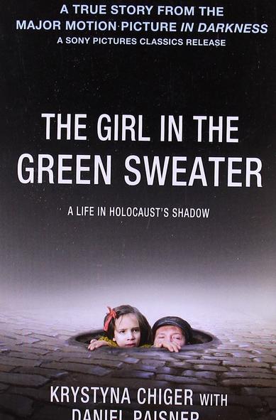 Book cover for The Girl in the Green Sweater, showing two kids, heads poking up through a maintenance hole in a cobble stone street.