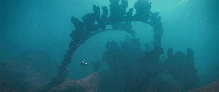 Wide shot, exterior, day -

A carapace fish swims underneath a series of coral arches.