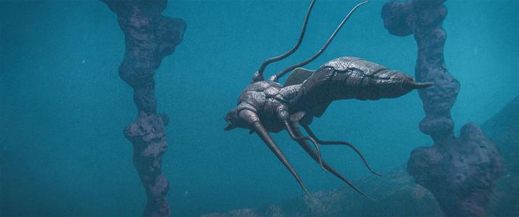 Medium shot, exterior, day -

A carapace fish swims underneath a series of coral arches.