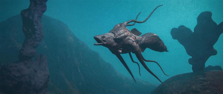 Medium shot, exterior, day -

A carapace fish swims underneath a series of coral arches.