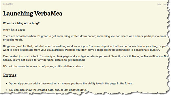 Screen shot of a page on VerbaMea.  A pale yellow background, with black text -- various headings, bullet points, and formatting