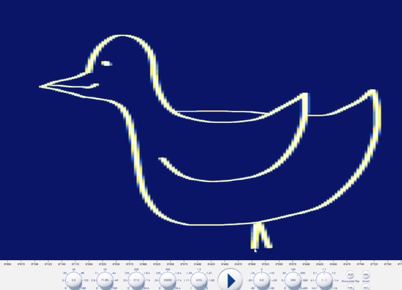 A basic picture of a bir drawn on the screen of a spectral synthsizer program. Basically an outline of a duck-like bird in yellow on a blue background