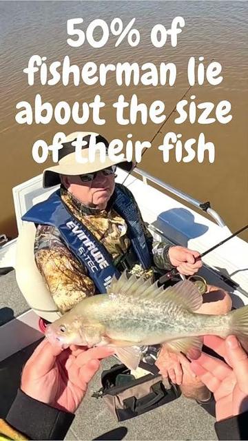 Man is in a boat and holding a fish close to the camera text reads 50 percent of fishmen lie about the size of their fish period