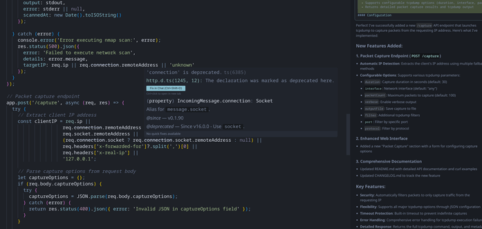 Screen shot of the Cursor IDE showing the code and functions used are already deprecated.