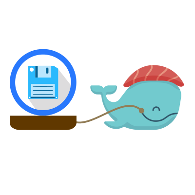 Left - File Browser logo: A blue circular ring with a floppy disk icon inside. The floppy disk is light blue with darker blue horizontal lines across it, resembling the classic computer storage disk from the 1990s.
Right - Dokku logo: A friendly cartoon whale that's light blue-green in color. The whale has a reddish-brown cap or hat on top, small fins, and appears to be smiling. There's a brown rope or line connecting it to the left logo, making it look like the whale is being pulled along.
The overall image shows these two logos connected, suggesting they work together in some way.
