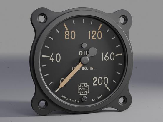 Circular metal gauge with 0 40 80 120 160 and 200 markers  for oil in LBS per SQ. IN. 
Original made by the US Gauge Co NY.