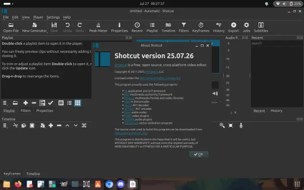 Screenshot of Shotcut 25.07 showing the main window and the About Shotcut dialog.