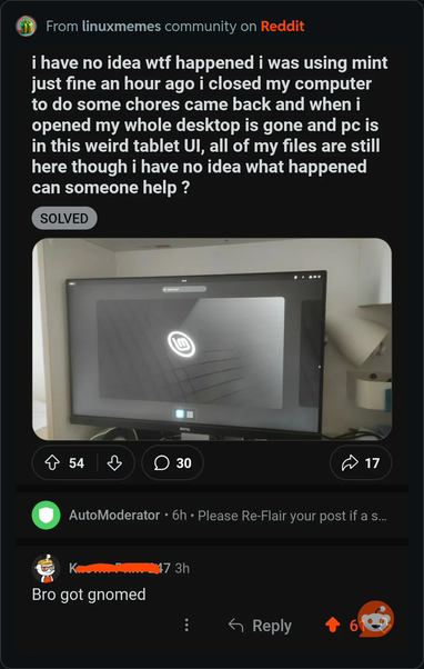 Reddit thread where the OP asked why his Mint has no more icons after an upgrade, first reply says “Bro got gnomed.”