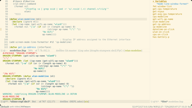 Emacs frame in StumpWM. StumpWM modeline is on the bottom, displaying list of groups (on the left) and some system info on the right (from the left to the right: CPU temperature, current IP address on the Ethernet interface, WiFi access point name, time to work and percentage of the battery, date&time.

Emacs frame divided to the free windows. Top horizontal window displays my modelne's configuration code, written on the Common Lisp. Bottom horizontal windows displays REPL via the SLiME + Swank (from tStumpWM). And the narrow vertical window on the right displays `imenu-list-smart-toggle' with a list of functions inside it).

All GUI elements are colored with the Solarized Light color theme.
