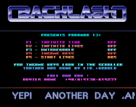 Screenshot of "Paramax" - Trainer (+13): Backlash - Published by Kingsoft on Commodore Amiga (1991)