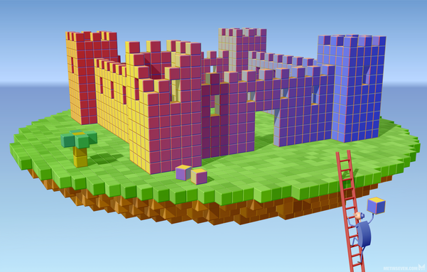Voxel-style illustration of an air castle being built by a stylized character climbing a long ladder.